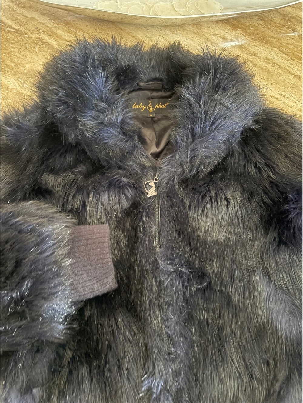 Baby Phat BlackFaux Fur Bomber Jacket with Ribbed Cuffs and
